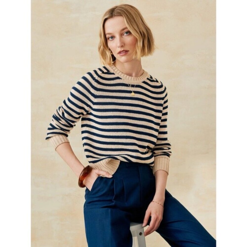 J Mclaughlin Asher Linen Blend Sweater Sz LARGE Navy Tan Stripes Coastal Casual